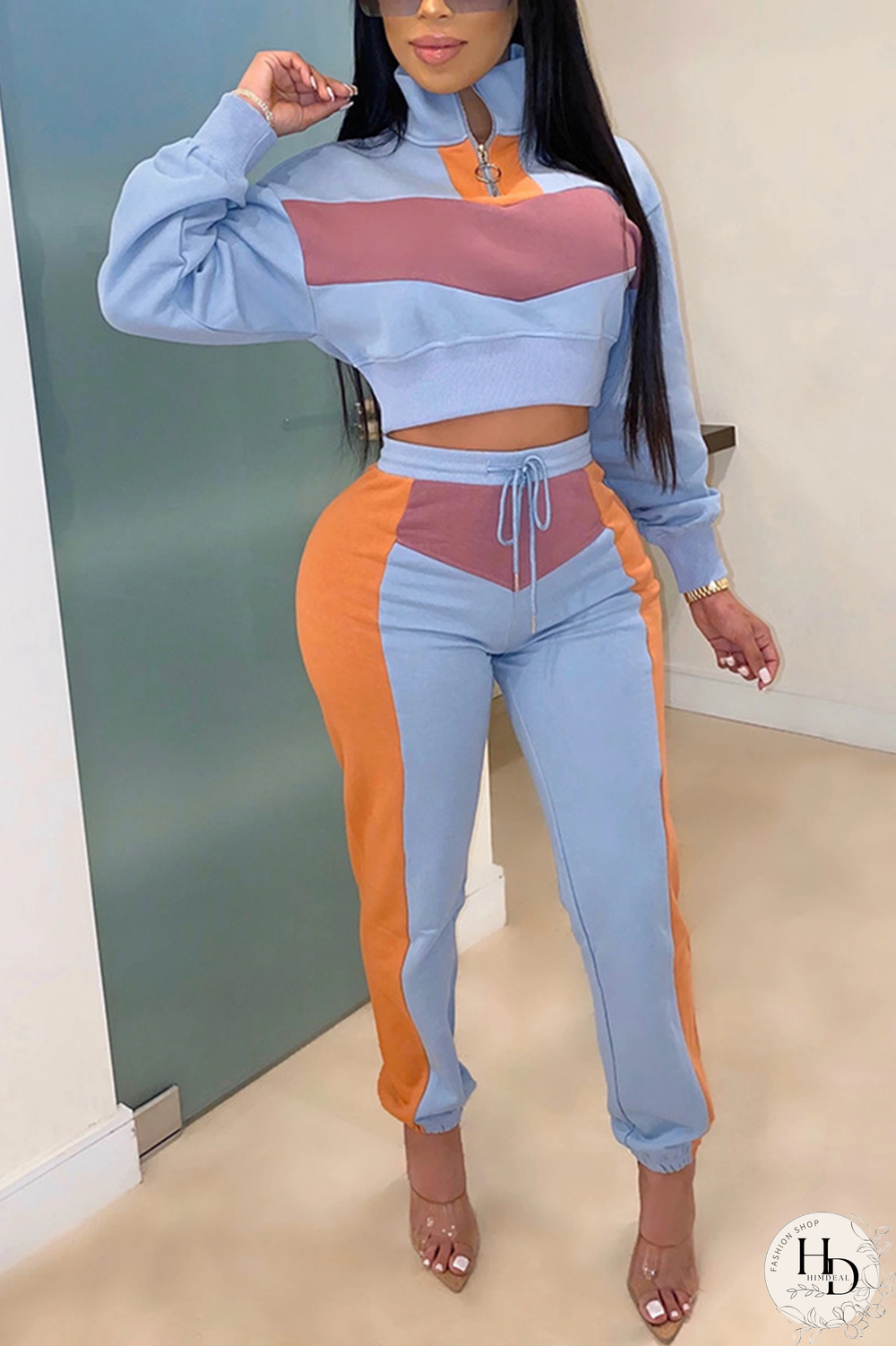 Black Street Split Joint Turtleneck Long Sleeve Two Pieces