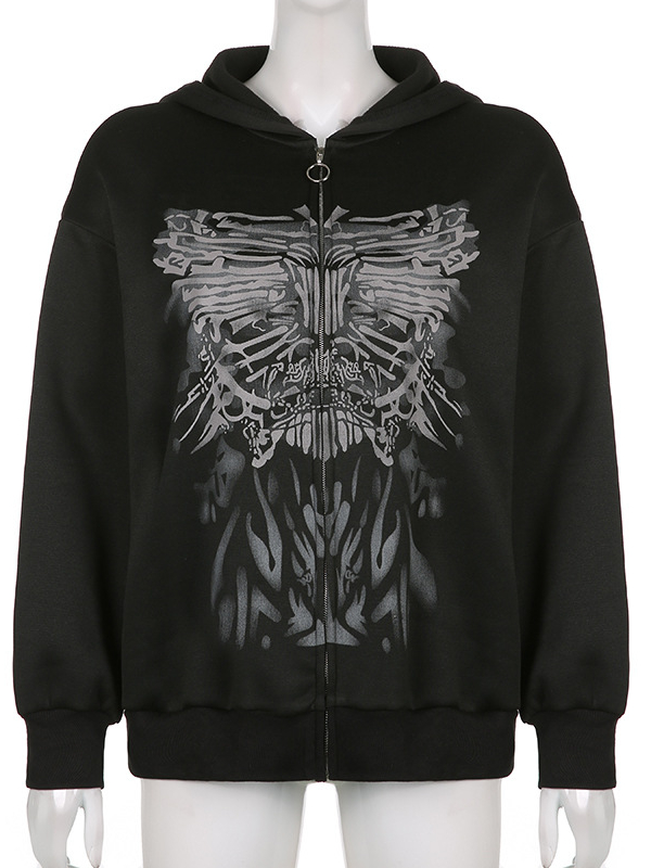 Gothic Dark Butterfly Printed Zipper Long Sleeve Hoodie
