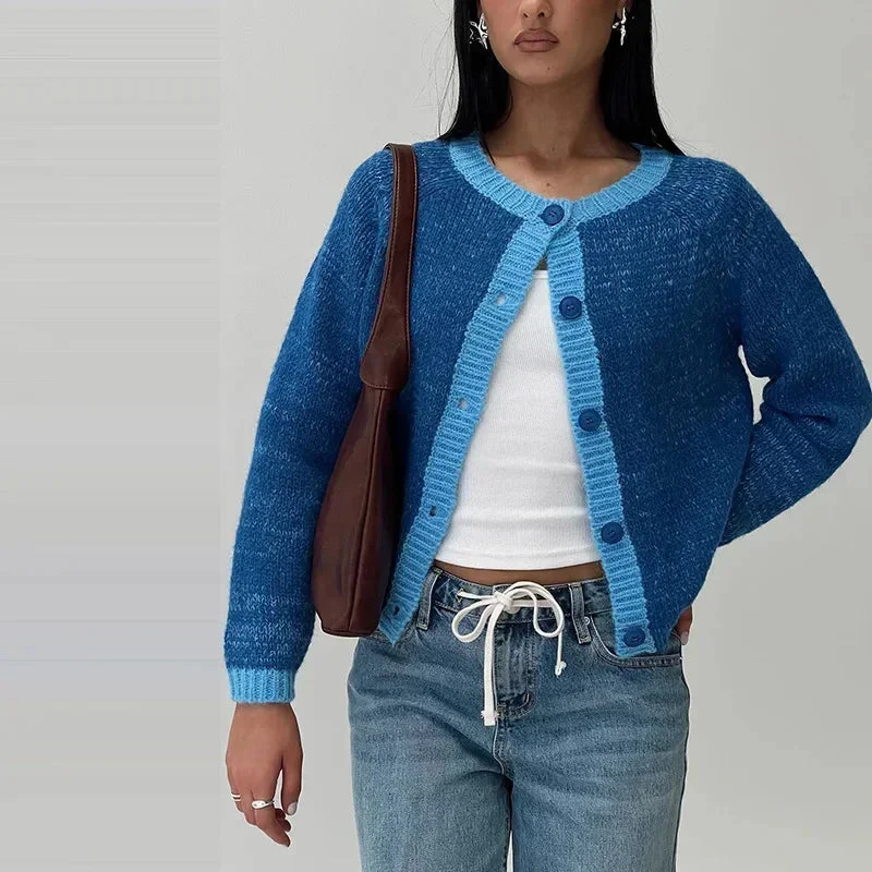 Toloer Contrast O-neck Single Breasted Long Sleeve Cardigan-Outfit Ideas