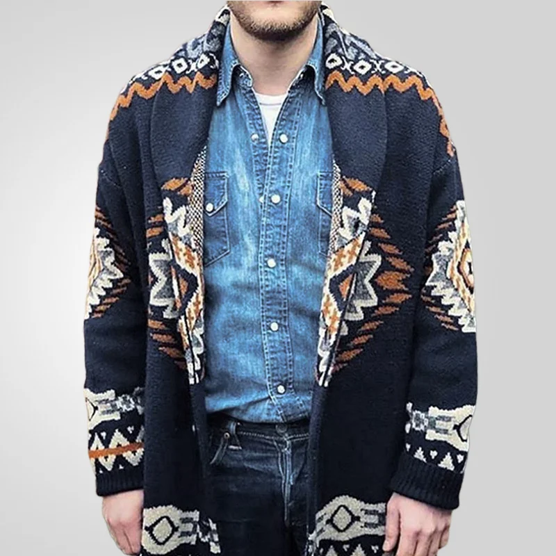 Uveng Uveng Men's Vintage Heavy Industry Knit Jacket Geometrical Long Sleeve R-Shirt Sweater SY0067