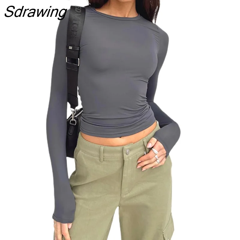 Sdrawing Women's Basic Long Sleeve Crop Top Solid Color Crew Neck Cozy Stretchy Slim Fitted Cropped T Shirts Pullover Streetwear