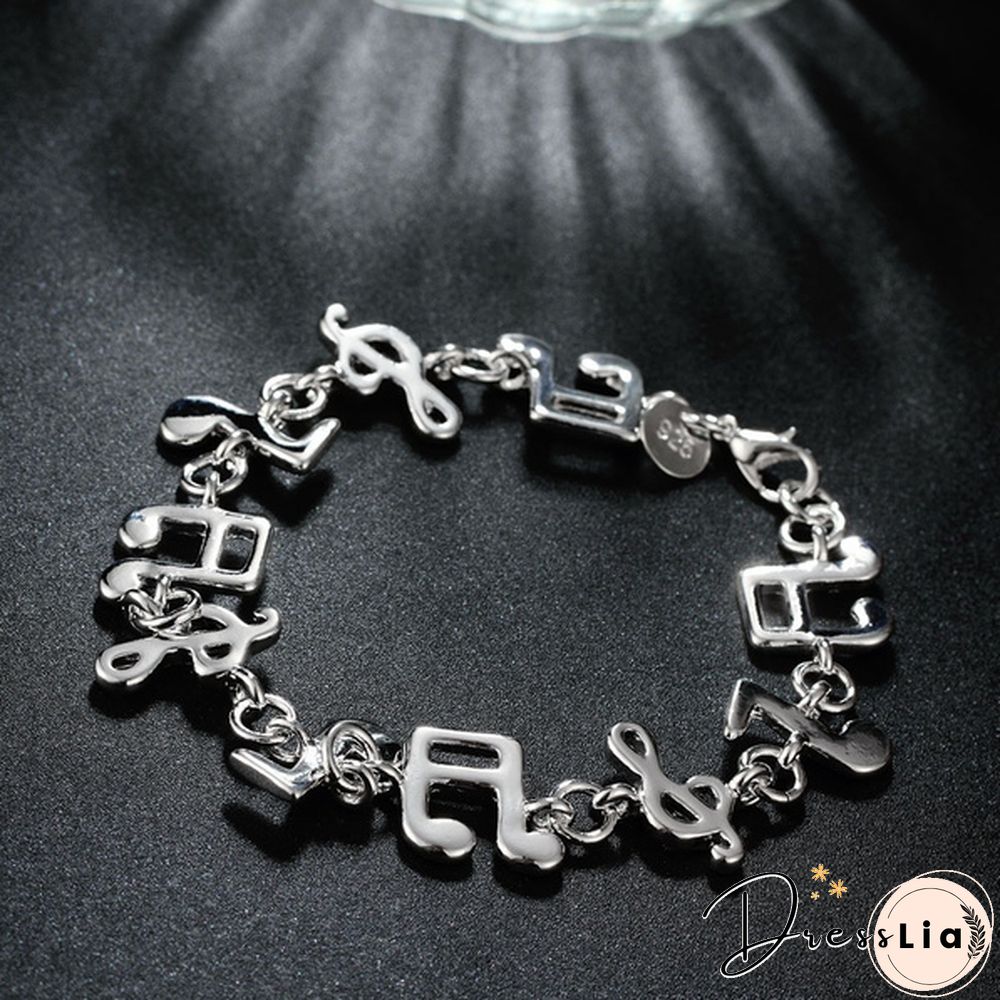 New Women 925 Sterling Silver Plated Charm Cute Music Note Chain Bracelet Bangle
