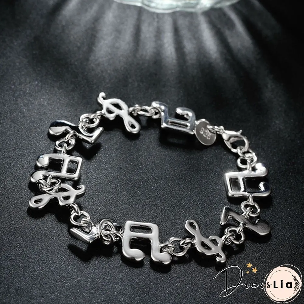 New Women 925 Sterling Silver Plated Charm Cute Music Note Chain Bracelet Bangle