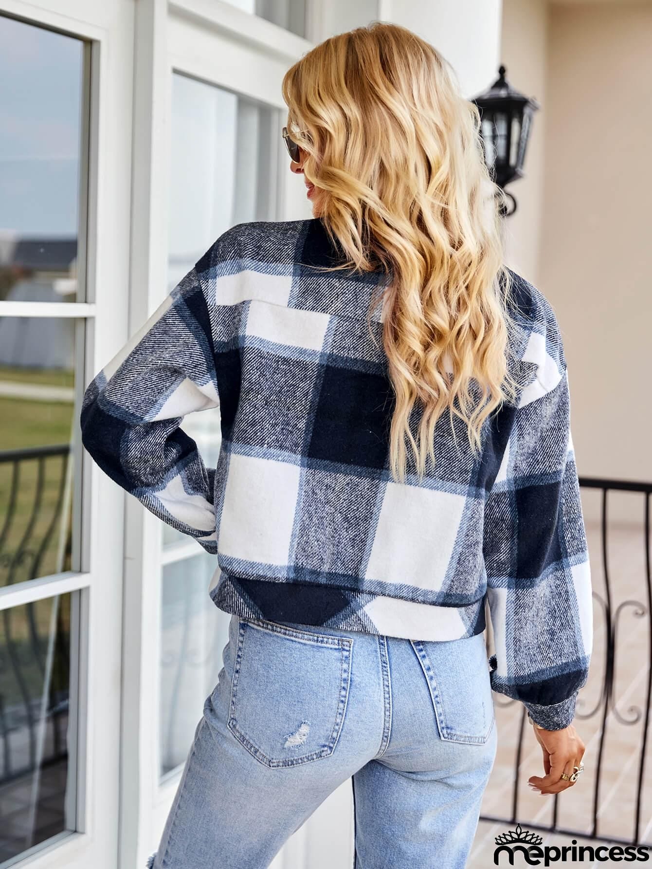 Plaid Button Front Dropped Shoulder Collared Jacket