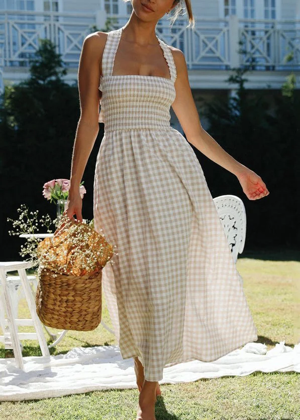 New Beige Plaid Lace Up Backless Cotton Dress Summer