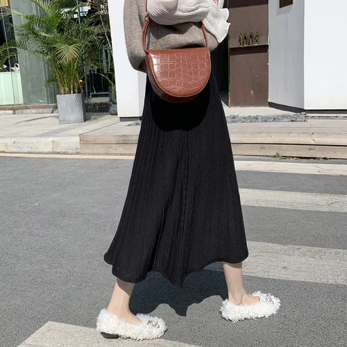 Colourp Knitting Skirts Women Long Casual Warm Cozy Stretch Solid Jacquard Spring Fall Empire Elegant Ulzzang High Street Ladies