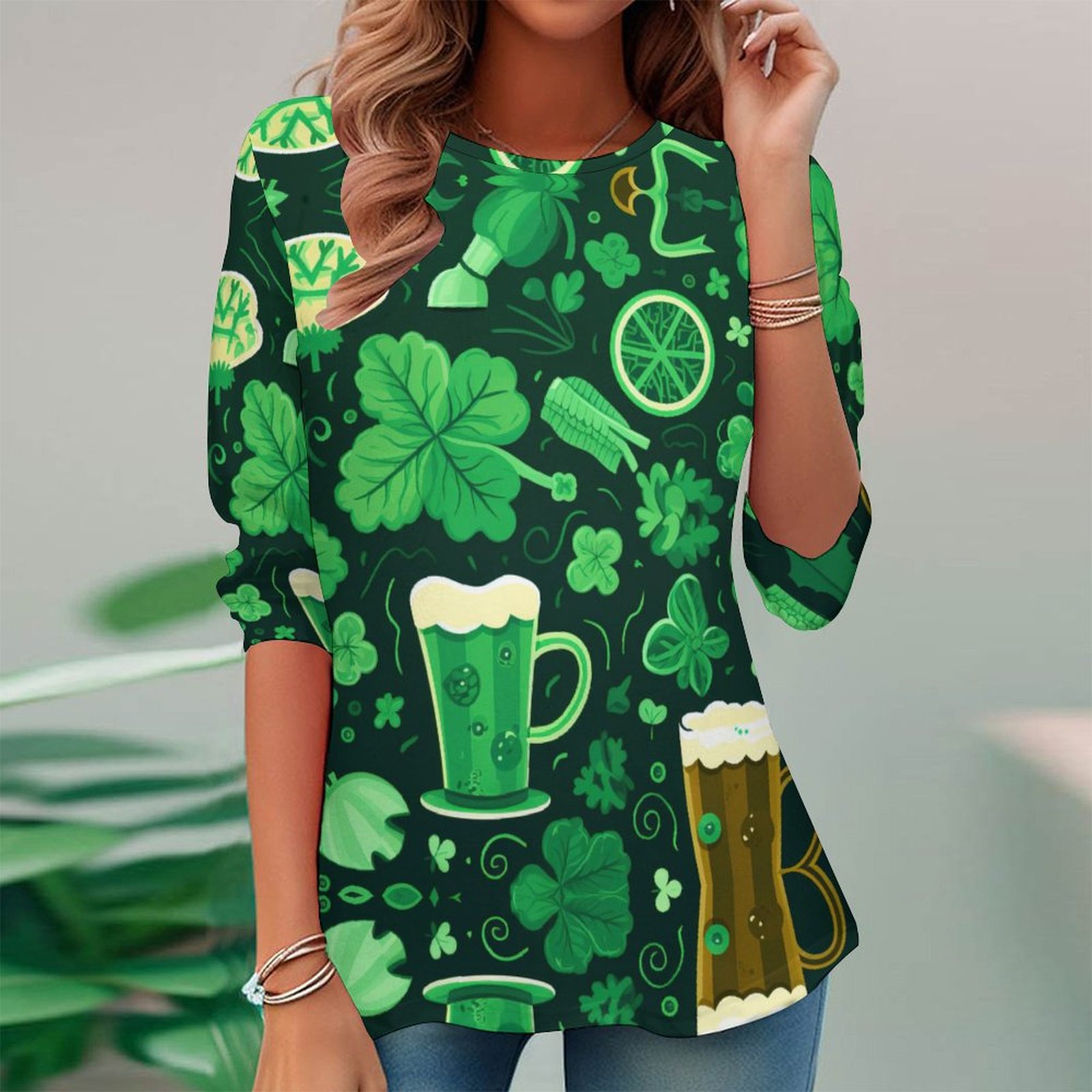 Women Long Sleeve V-neck Graphic Floral Printed Top