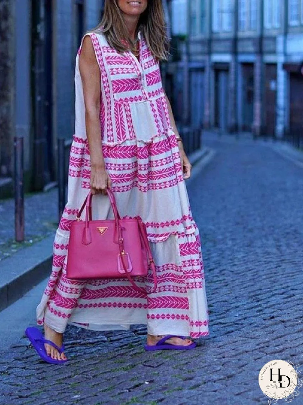 Rose Geometric Printed Sleeveless Beach Dress