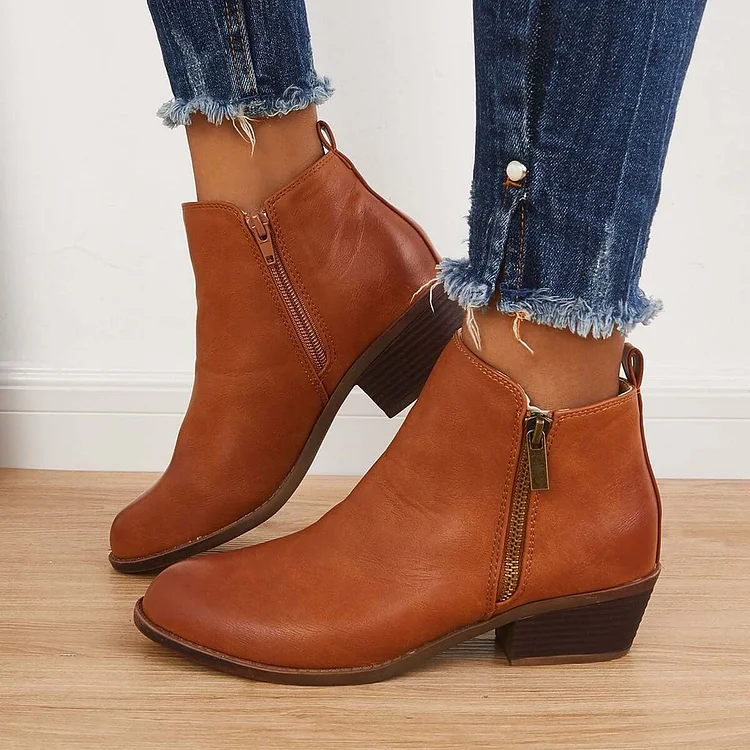 Chunky Block Heel Ankle Boots Side Zipper Booties