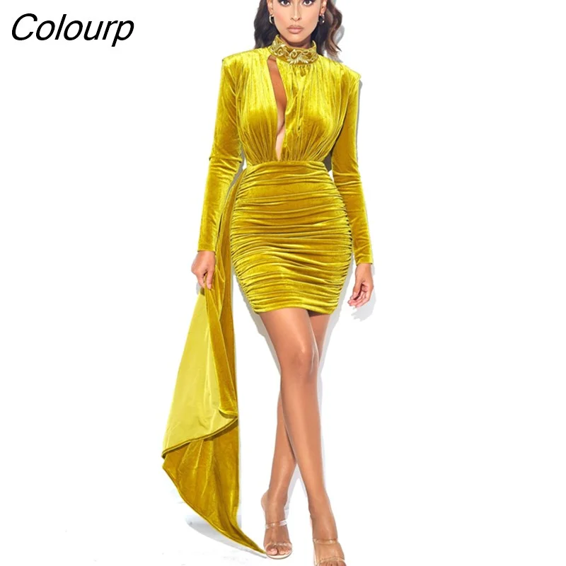 Colourp Quality Blue Yellow Long Sleeve Keyhole Bodycon Velvet Dress Elegant Evening Party Dress Vestidos