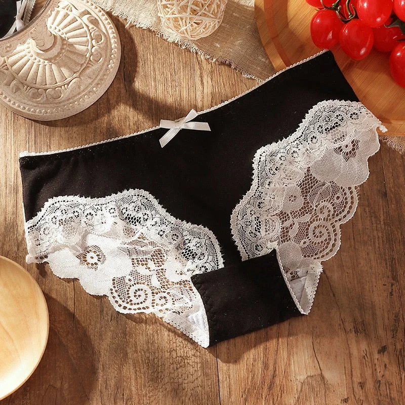 Women's Cotton Underwear Plus Size Women's Bow Panties Sexy Lace Underpants Mid Waist Hollow Out Briefs Female Sexy Lingerie