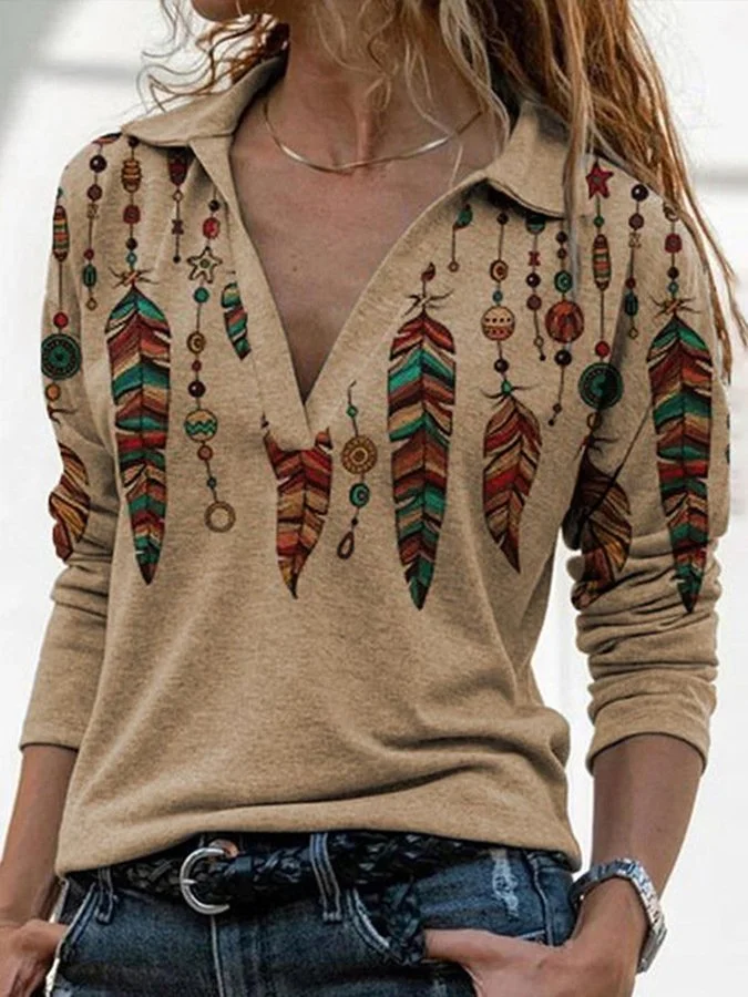 Vintage Indian Feather Print Casual T-Shirt