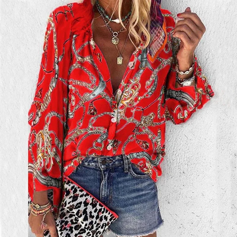 Tanifa 2021 New Fashion Daisy Floral Print Shirts Women V Neck Long Sleeve Button Tops Casual Loose Plus Size Blouse