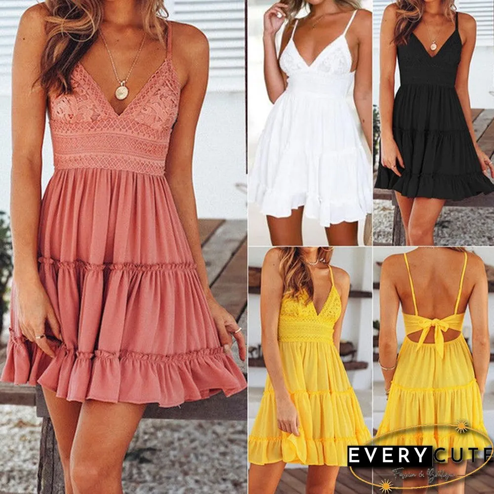 Women Summer Boho Lace V-Neck Sling Mini Dress Solid Color Dress