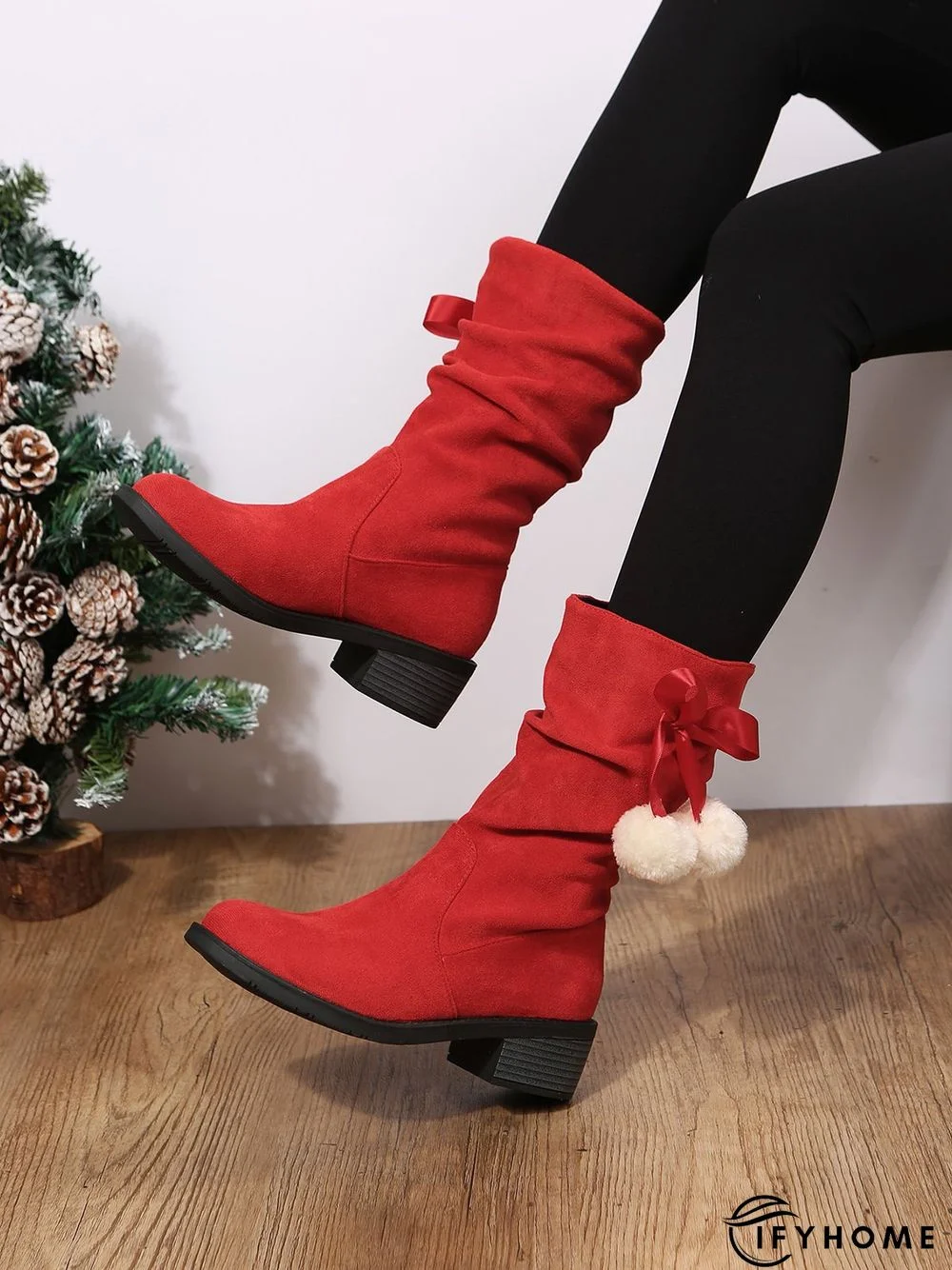Christmas Pompom Decor Faux Suede Slouchy Boots | IFYHOME