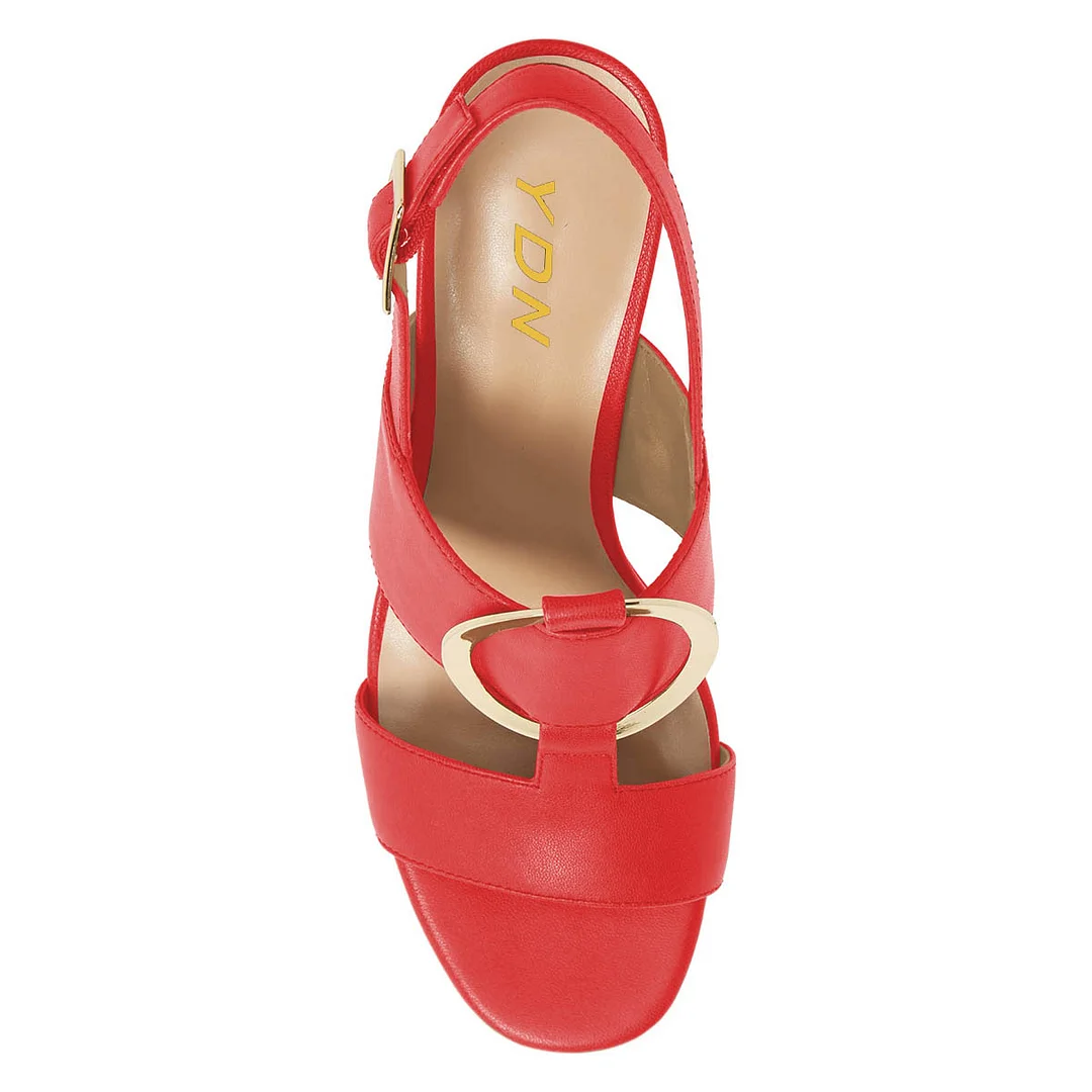 Red Open Toe Slingback Block Heeled Sandals with Buckle Strap