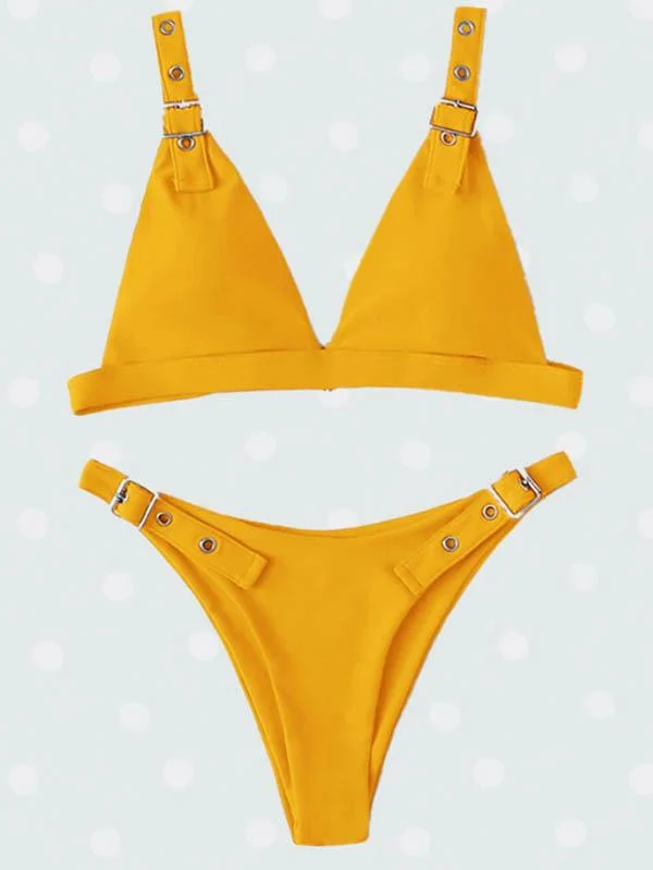 Solid Color Adjusting Buckle Split Bikini Swimsuit