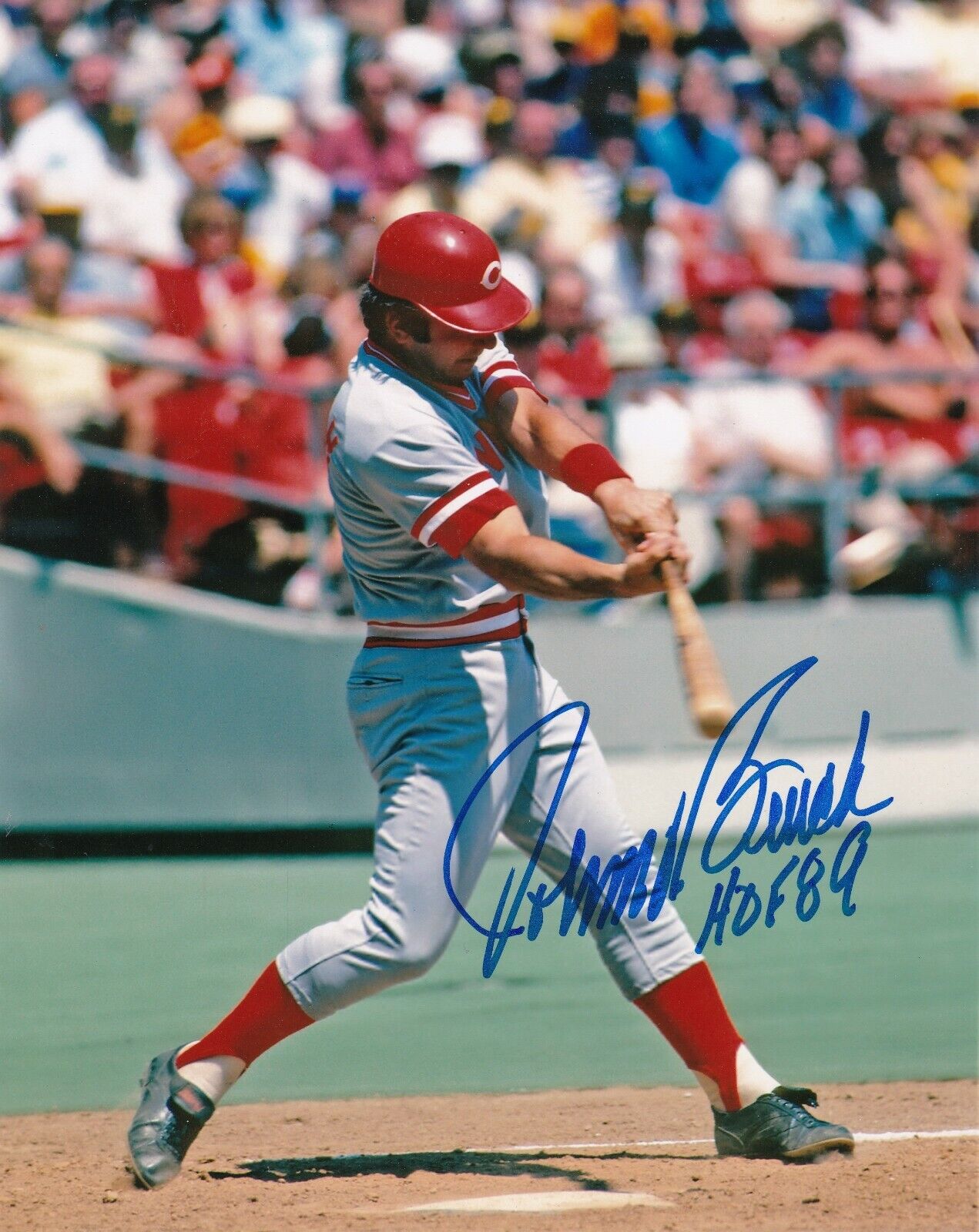 JOHNNY BENCH CINCINNATI REDS HOF 89 ACTION SIGNED 8x10