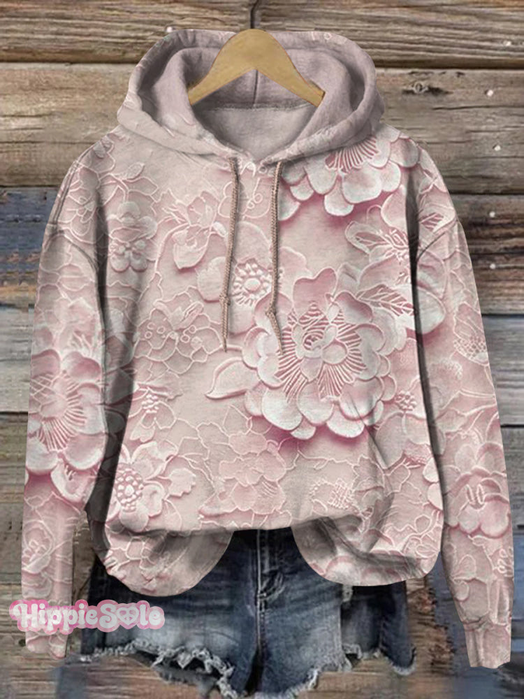 Women’s Floral Textured Art Patterns Prints Casual Pocket Hooded Sweatshirt Pink / S