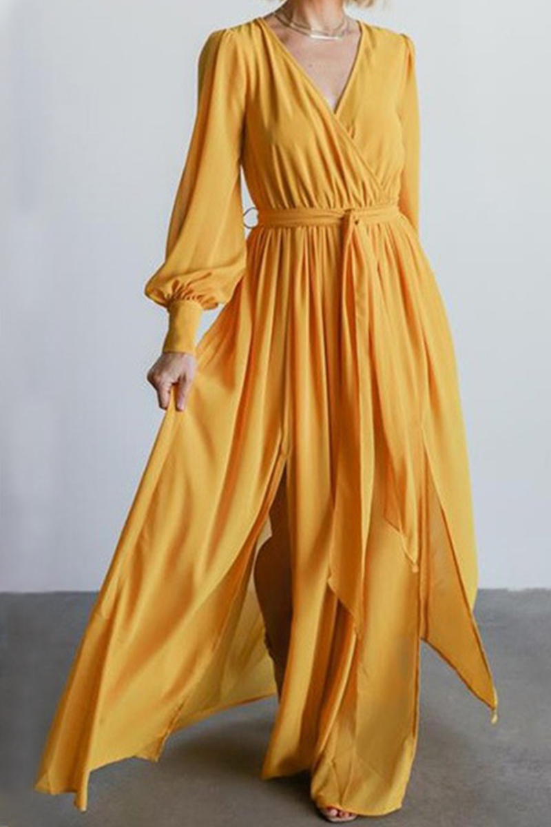Fashion Elegant Solid Slit With Belt V Neck Dresses(5 colors)