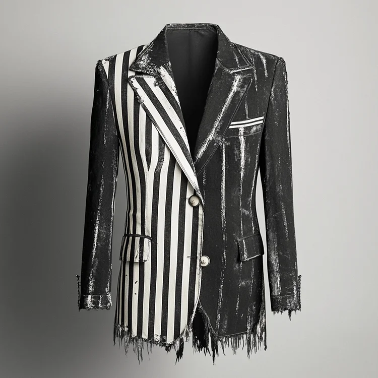 Ursime Denim Raw Edge Lapel Patchwork Black And White Striped Blazer