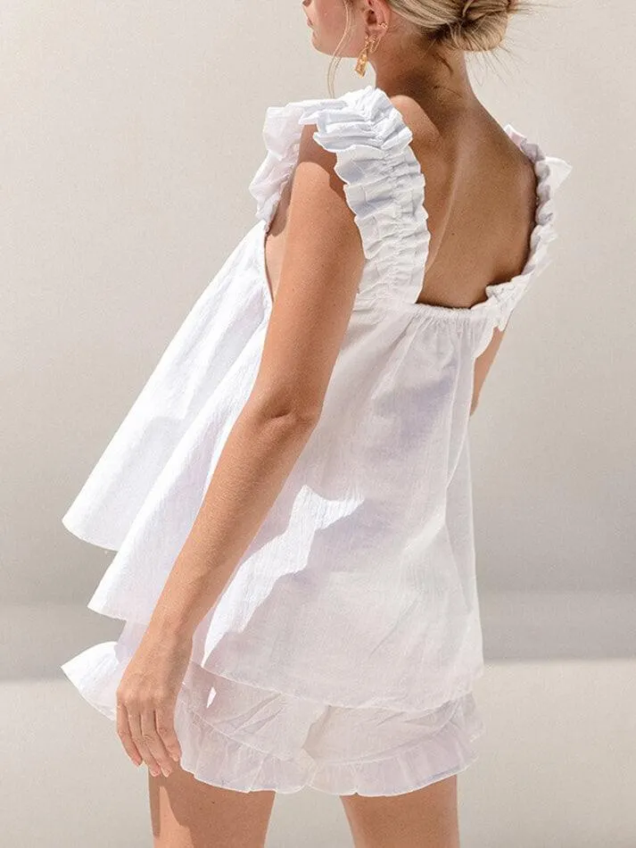 Brownm Cotton Ruffle Cami Shorts Set