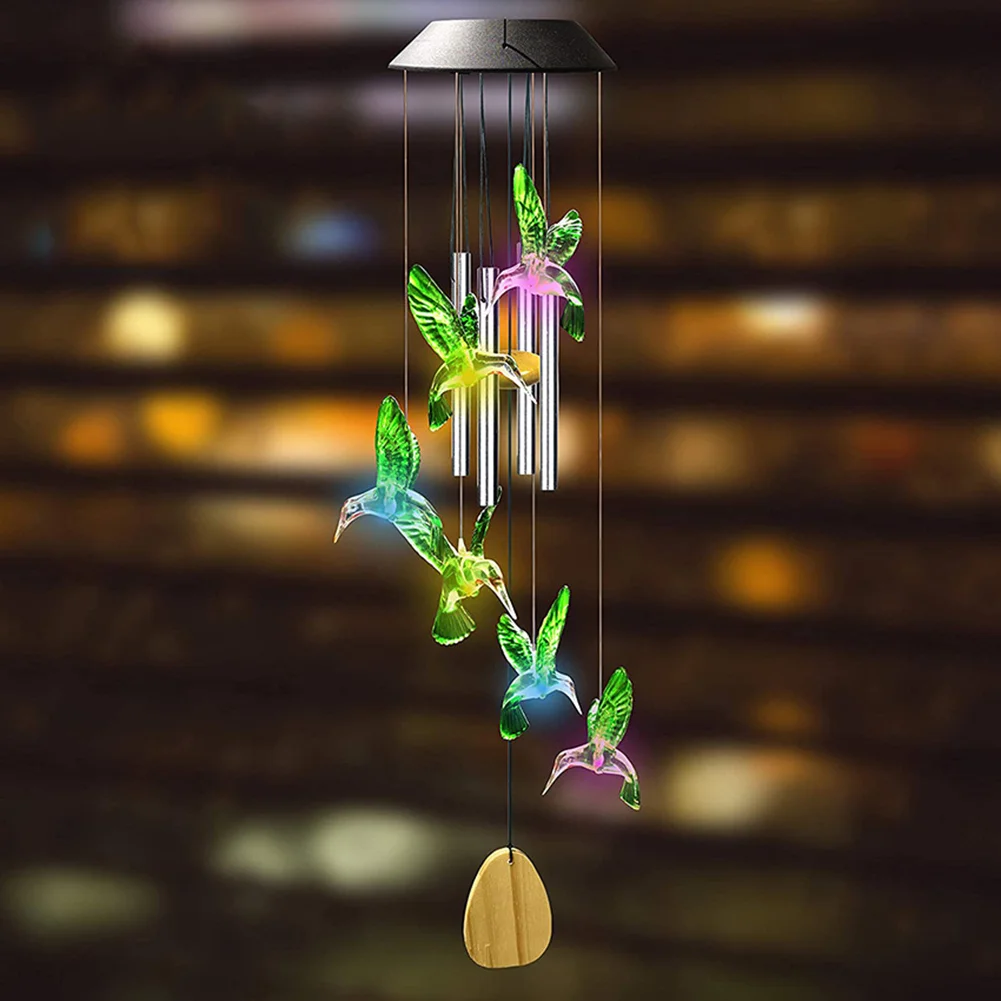 Colorful LED Solar Light Outdoor Wind Chime Hummingbird Pendant Lamps (A)