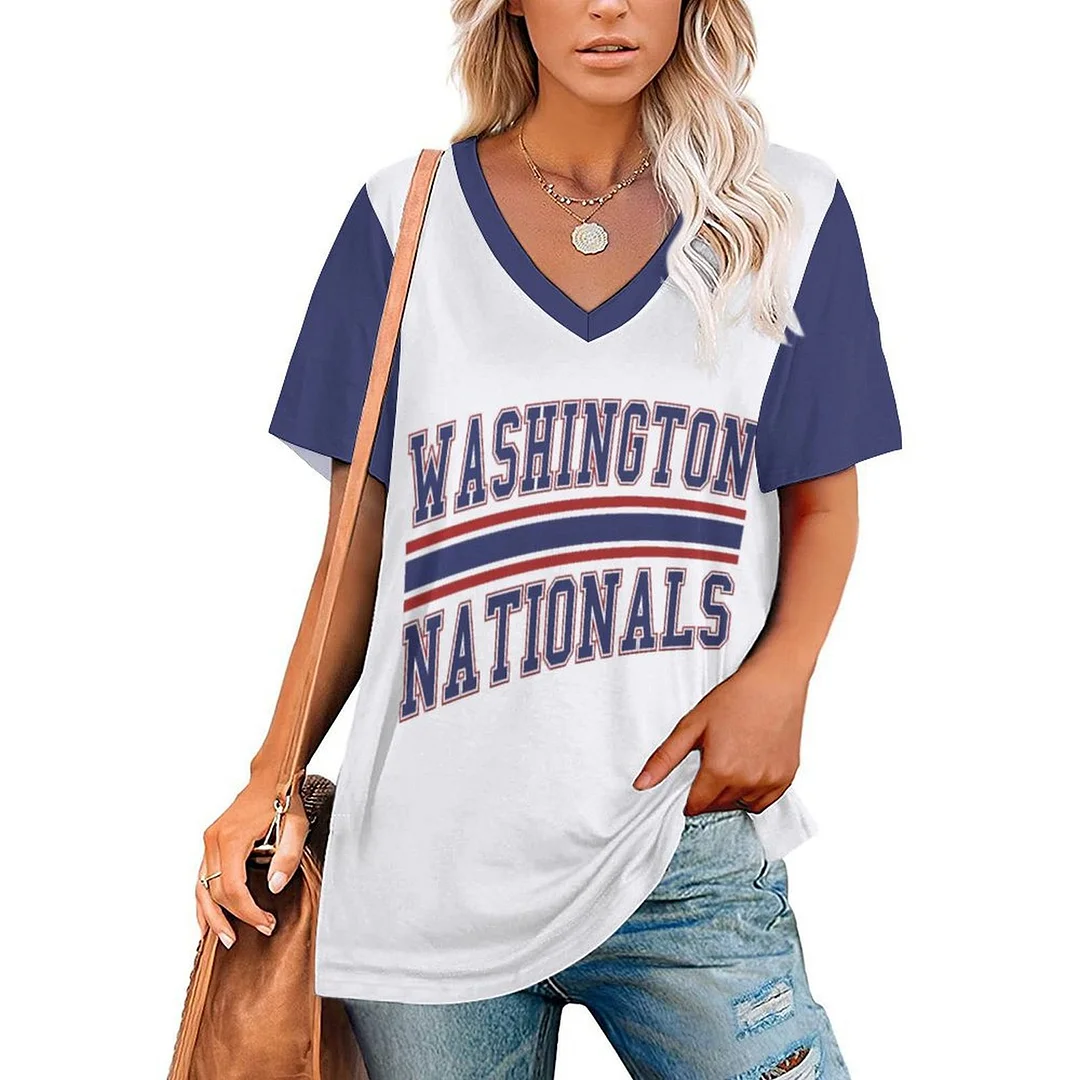 V-neck Short Sleeve Casual T-shirt for  Women Printed with Pattern , Blue, Red