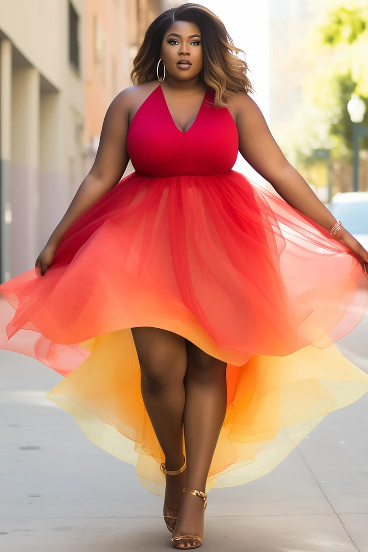 Xpluswear Design Plus Size Party Multicolor Colorblock V Neck Contrast Tulle Midi Dresses [Pre-Order] 2024 - Xpluswear