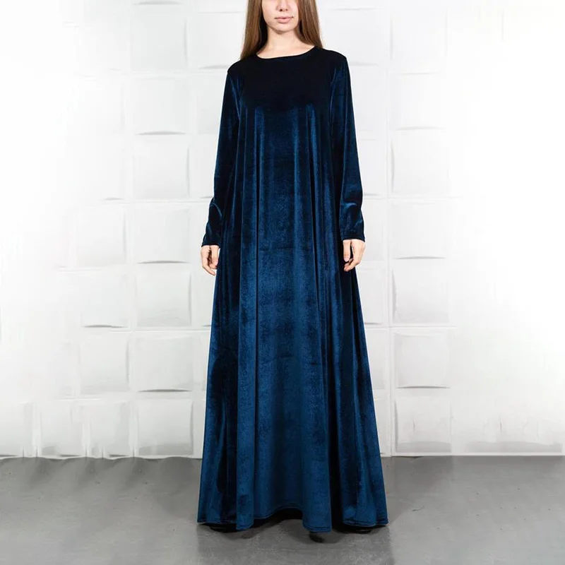 Solid Color Round Neck Casual Loose Velvet Maxi Dress