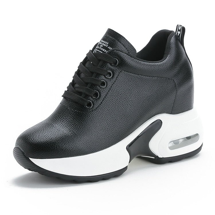 Invisible High Heels Women Wedge Casual Shoes Leather Lace Up Platform Sneakers Spring Black Flat Vulcanization Sports Shoe
