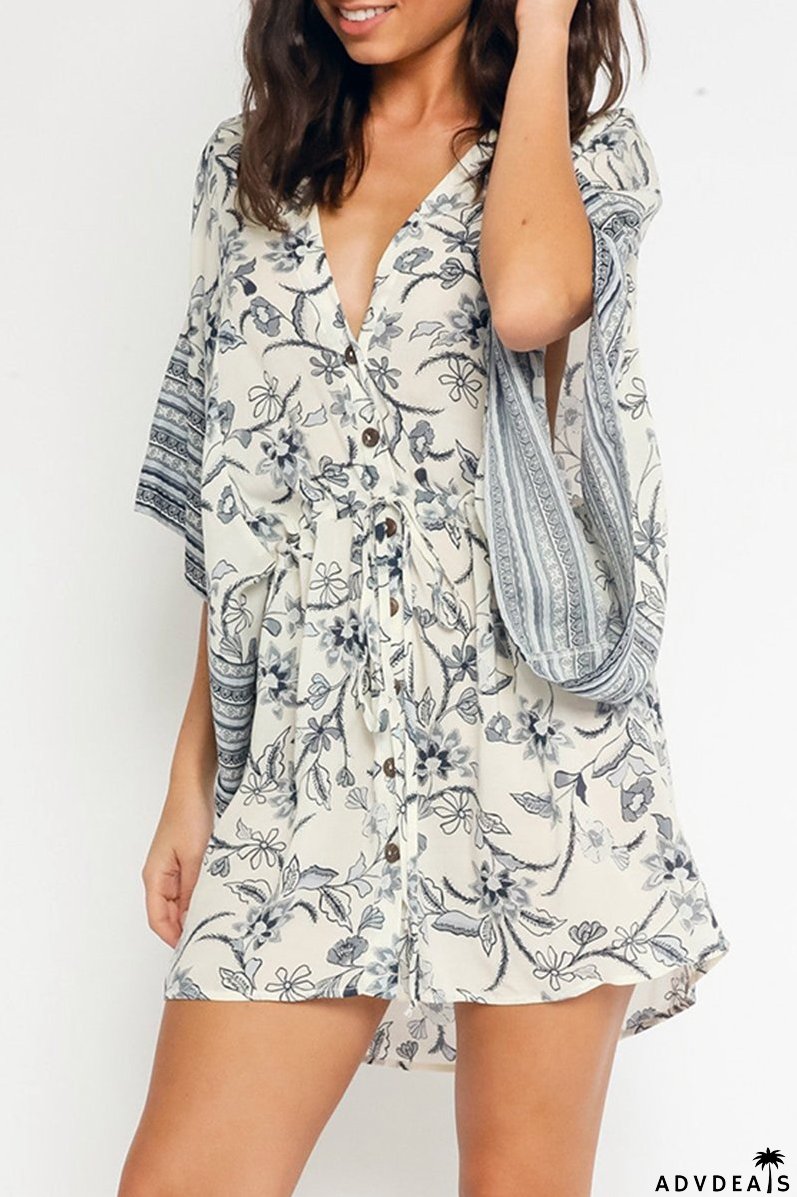 Fashion Print Split Joint V Neck Cake Skirt Dresses