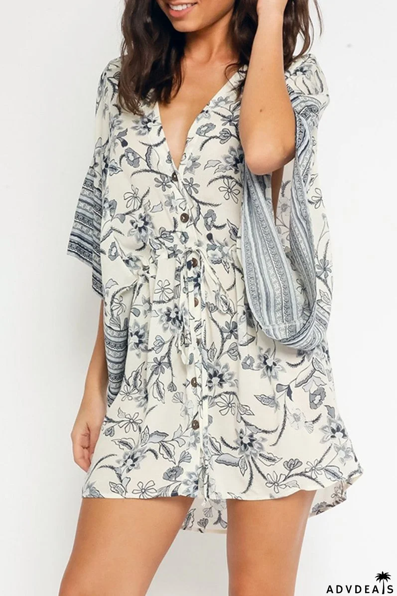 Fashion Print Split Joint V Neck Cake Skirt Dresses