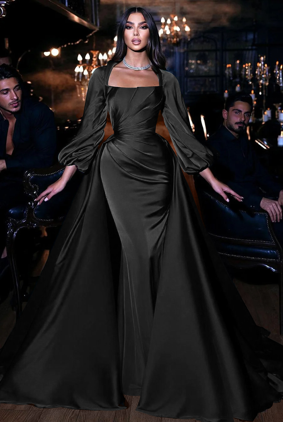 Hidais Square Emerald Long Sleeves Pleated Long Mermaid Prom Dress With Ruffles