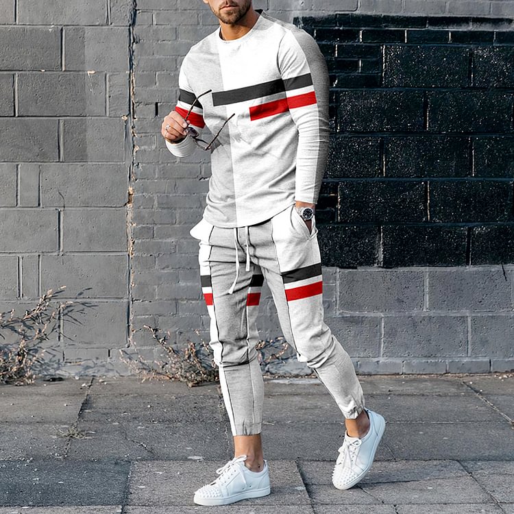 Stitching Contrast Color Geometry T-Shirt And Pants Two Piece Set