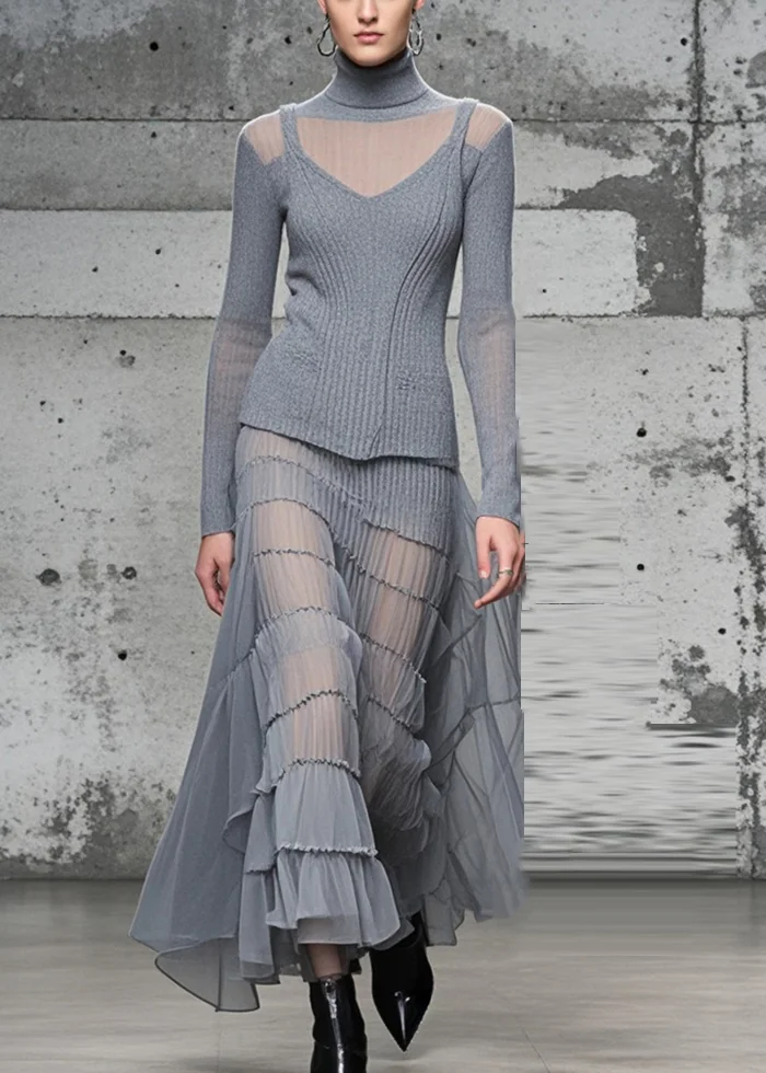 Elegant Grey High Neck Patchwork Exra Large Hem Knit Long Dress Fall