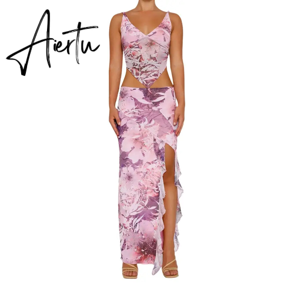 Aiertu Y2K Women Summer Tube Top Long Skirt Set Slim Fit Sleeveless Floral Vest Split Casual Long Skirts Sexy Outfits Aiertu