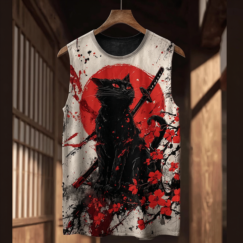 Japanese Art Violent Aesthetic Style Cat Samurai Pattern Retro Sleeveless Vest elevenforest