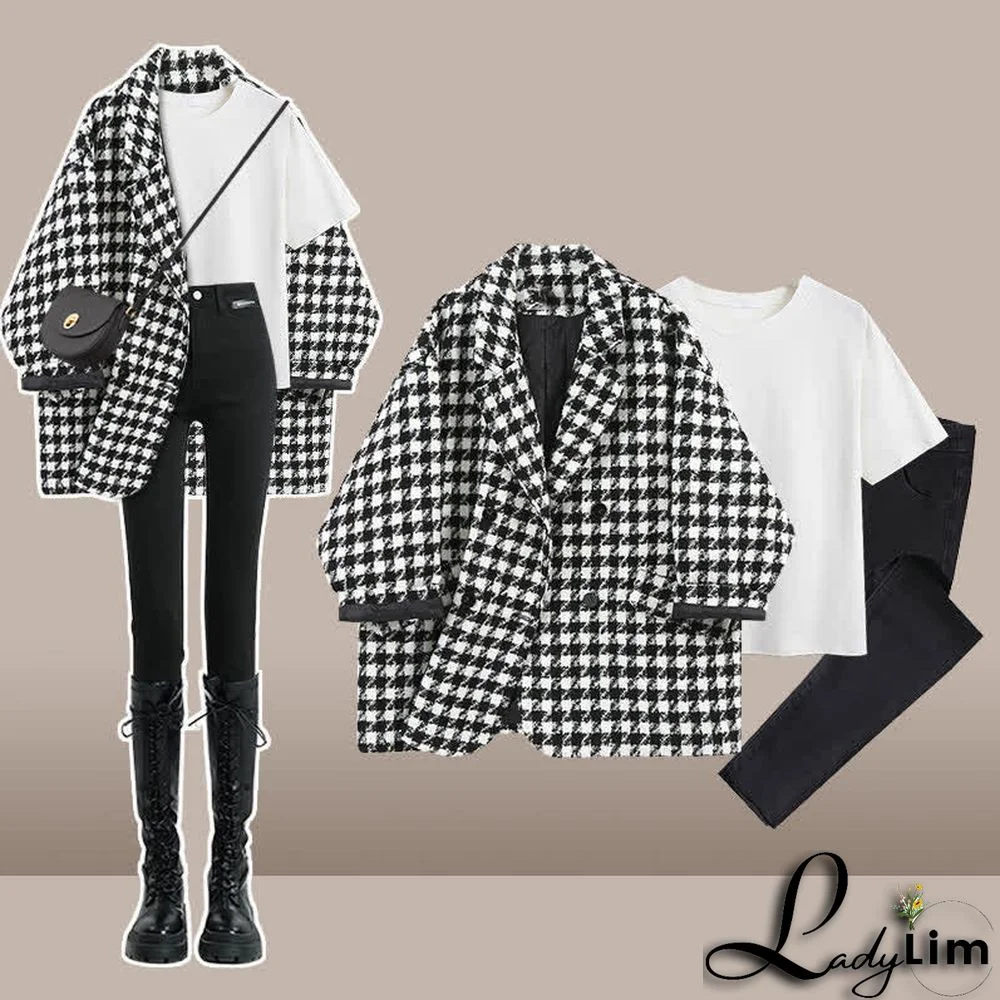 Chic Lattice Print Lapel Blazer T-Shirt High Waist Slim Denim Pants