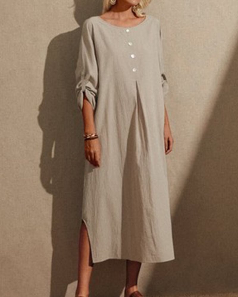 Casual Solid-colored Round Collared Loose-fitting Dress