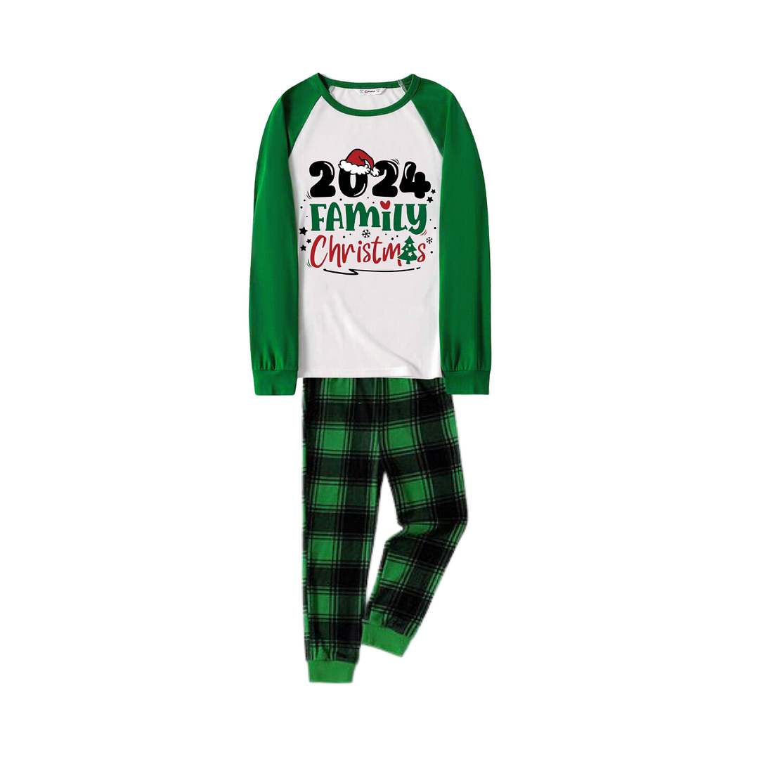 Santa Hat and Family Christmas 2024 Print Long Sleeve Top With Green & Black Plaid Christmas Matching Pajamas
