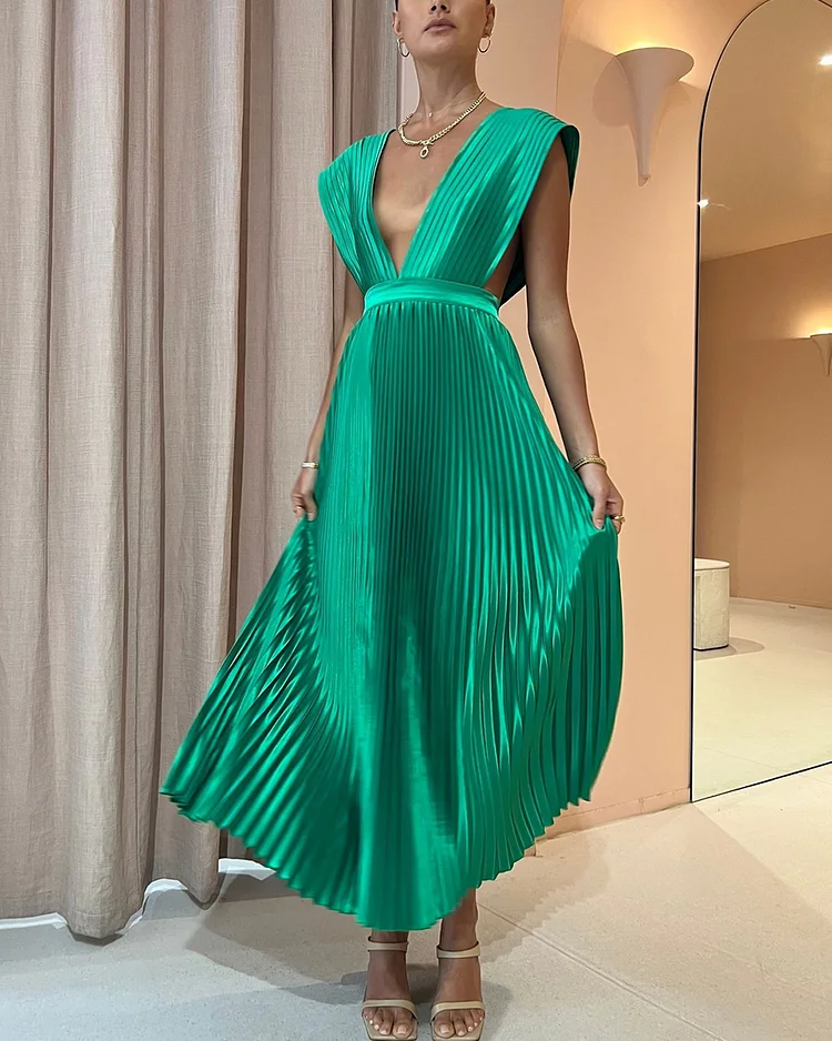 Elegant V Neck Pleated Dress