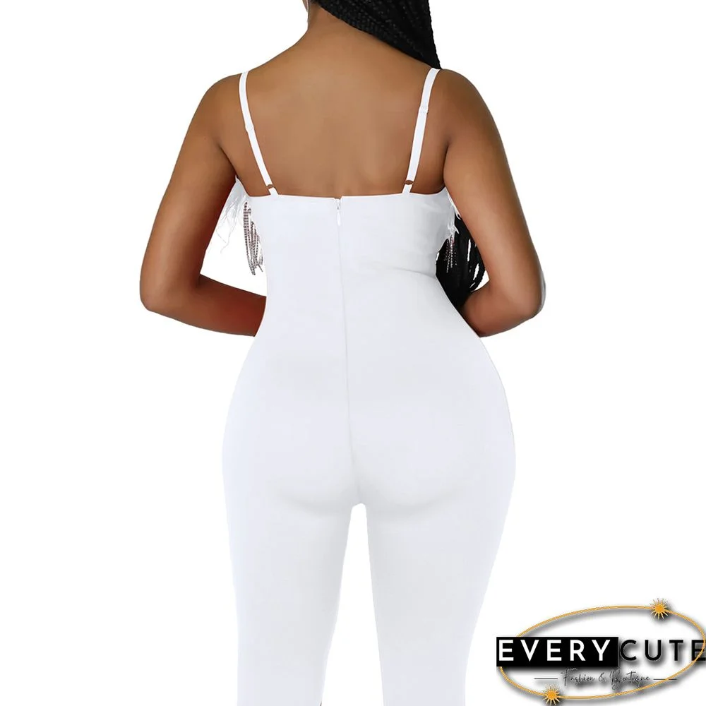 White Feather Detail Spaghetti Strap Bodycon Jumpsuit