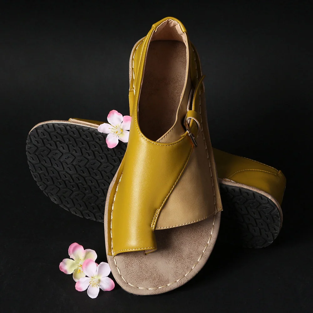 Women Retro Color Splicing Buckle Flip Flops Flat Sandals - vzzhome