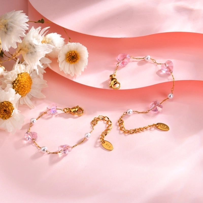 Stainless Steel Plated 18K Gold Chain Pink Butterfly Love Imitation Pearl Children's Bracelet