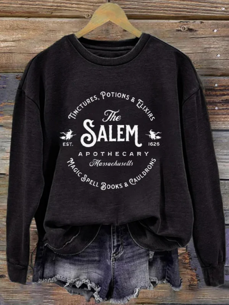 Women's Salem Massachusetts Happy Halloween Witch Printed Round Neck Long Sleeve Sweatshirt wearshes