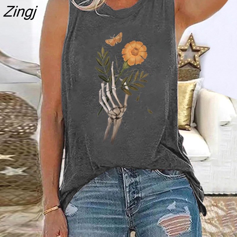Zingj Women Sleeveless Tshirt Skeleton Hand Print Funny Tee Shirt Femme Harajuku Ladies Tops Women Aesthetic T Shirt Clothing