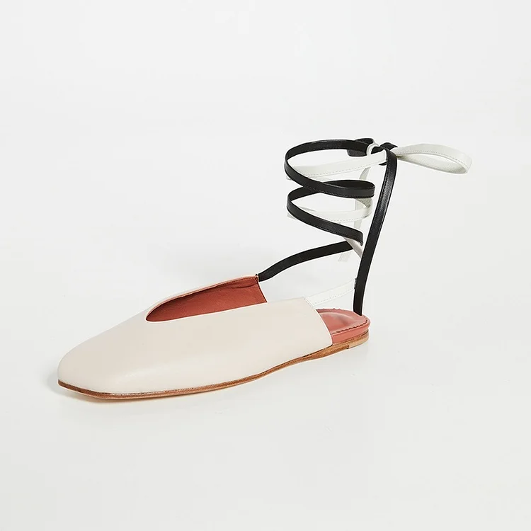 Beige Square Toe Ankle Strap Flat Shoes for Women |FSJ Shoes