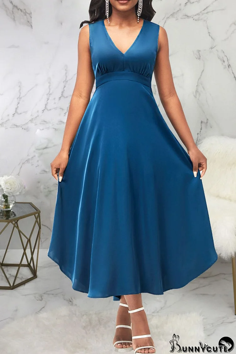 Blue Casual Solid Patchwork V Neck A Line Dresses