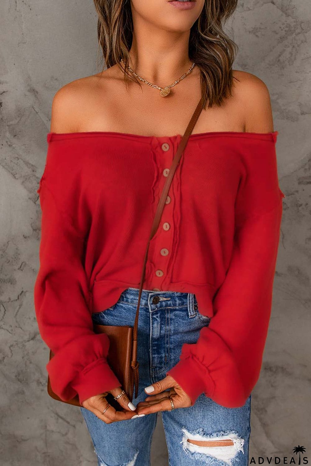 Red Button Front Distressed Knit Top